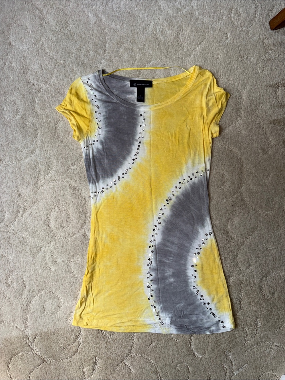 Tie-Dye Tee with Sequin Detail - Yellow & Gray